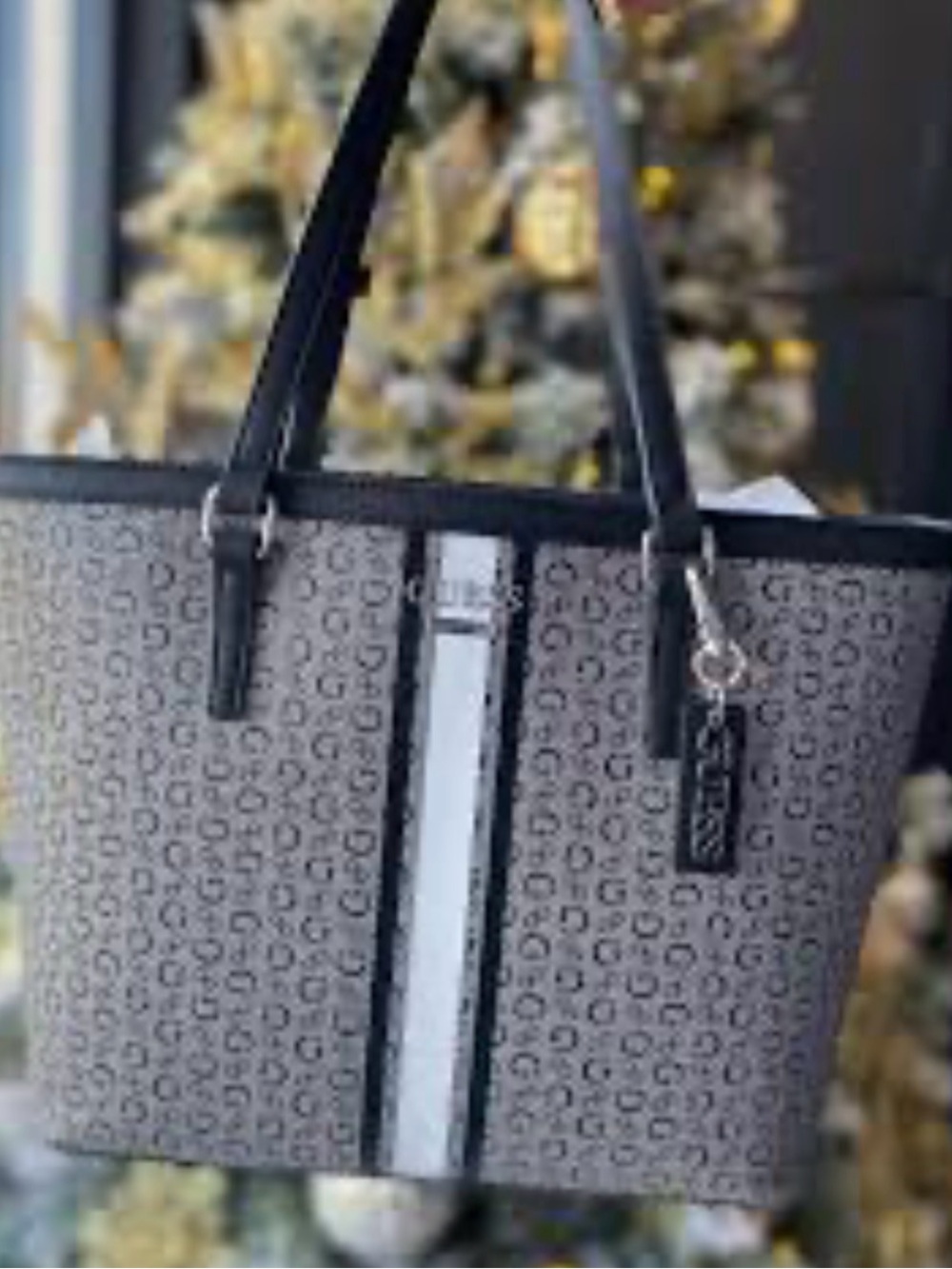 Guess Monogram Tote with black Trim and White Center Stripe